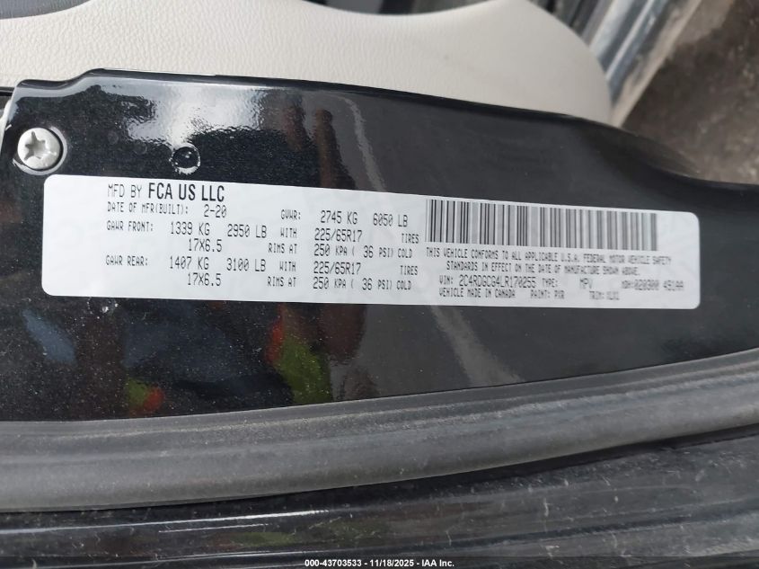 2020 Dodge Grand Caravan Sxt VIN: 2C4RDGCG4LR170255 Lot: 43703533