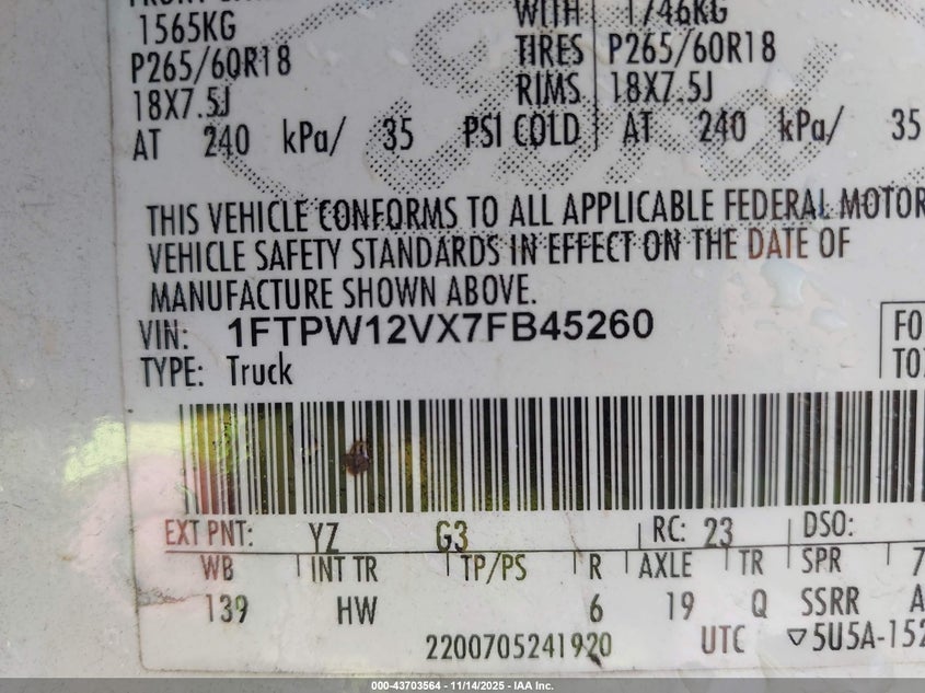 1FTPW12VX7FB45260 2007 FORD F-150 photo no. 9