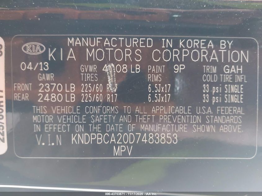 2013 Kia Sportage Lx VIN: KNDPBCA20D7483853 Lot: 43703571