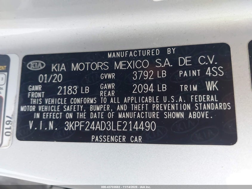 3KPF24AD3LE214490 2020 KIA FORTE photo no. 9