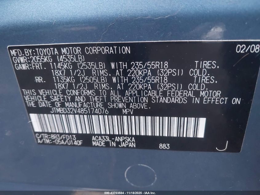 2008 Toyota Rav4 Sport VIN: JTMBD32V485174076 Lot: 43703584