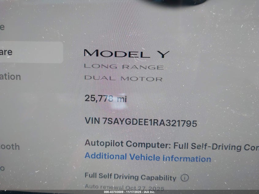 2024 Tesla Model Y Long Range Dual Motor All-Wheel Drive VIN: 7SAYGDEE1RA321795 Lot: 43703589
