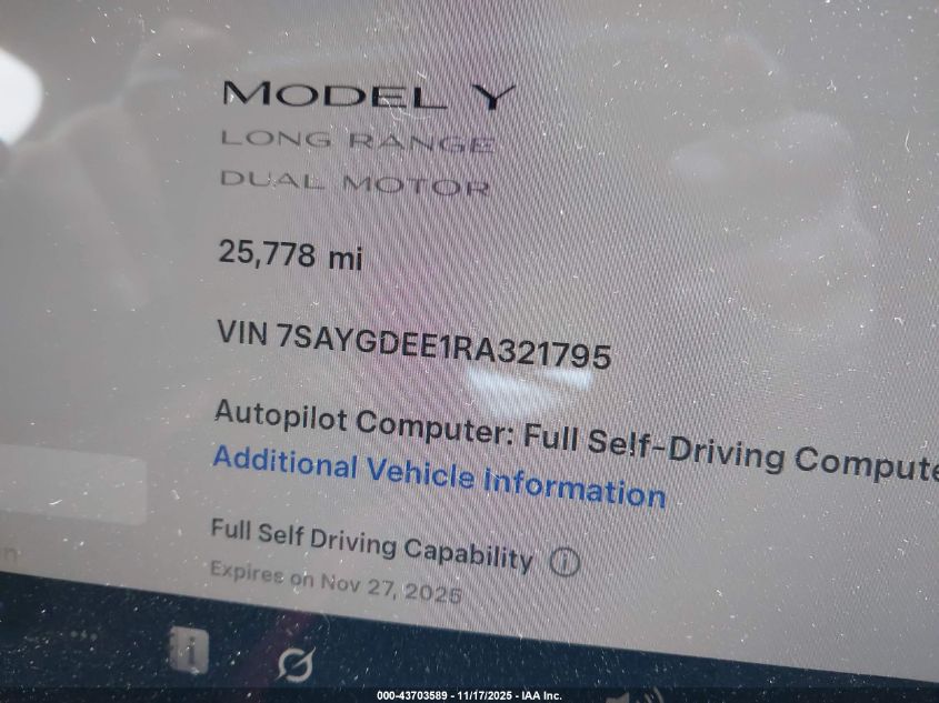 2024 Tesla Model Y Long Range Dual Motor All-Wheel Drive VIN: 7SAYGDEE1RA321795 Lot: 43703589