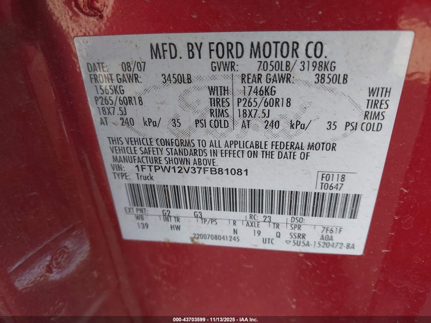 1FTPW12V37FB81081 2007 FORD F-150 photo no. 9