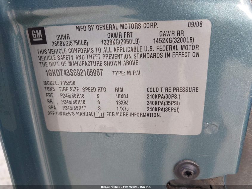 2009 GMC Envoy Slt VIN: 1GKDT43S692105967 Lot: 43703605