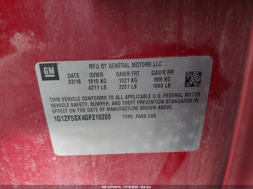 2016 Chevrolet Malibu 2Lt VIN: 1G1ZF5SX4GF218200 Lot: 43703614