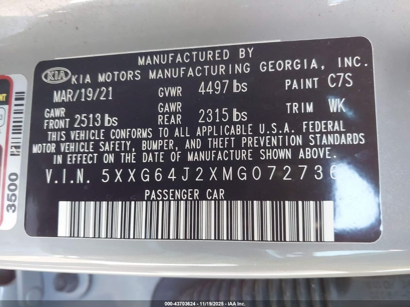 2021 Kia K5 Gt-Line VIN: 5XXG64J2XMG072736 Lot: 43703624