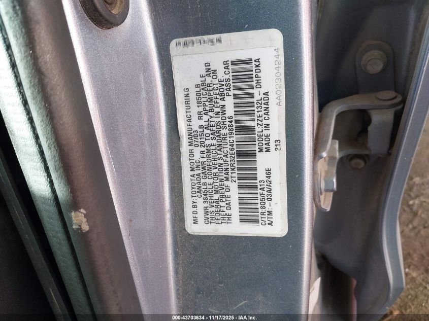 2004 Toyota Matrix Standard VIN: 2T1KR32E64C198846 Lot: 43703634