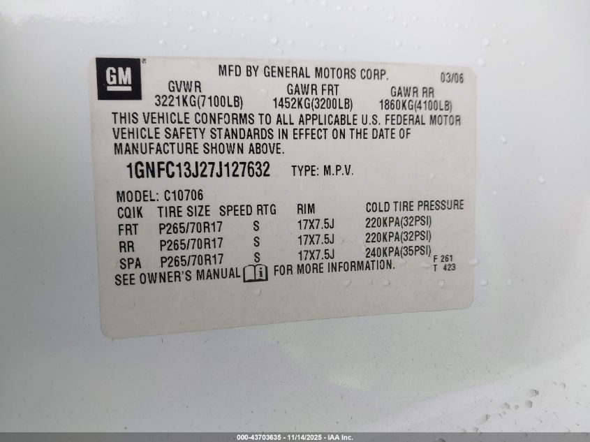 2007 Chevrolet Tahoe Lt VIN: 1GNFC13J27J127632 Lot: 43703635