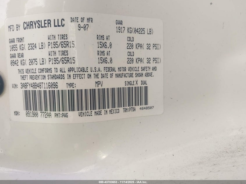 2008 Chrysler Pt Cruiser Lx VIN: 3A8FY48B48T116096 Lot: 43703653