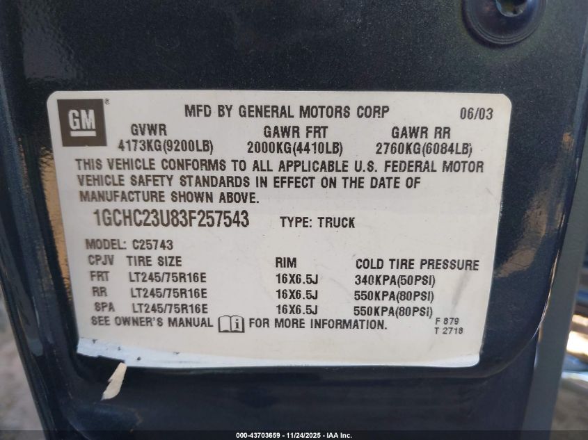 2003 Chevrolet Silverado 2500Hd Ls VIN: 1GCHC23U83F257543 Lot: 43703659