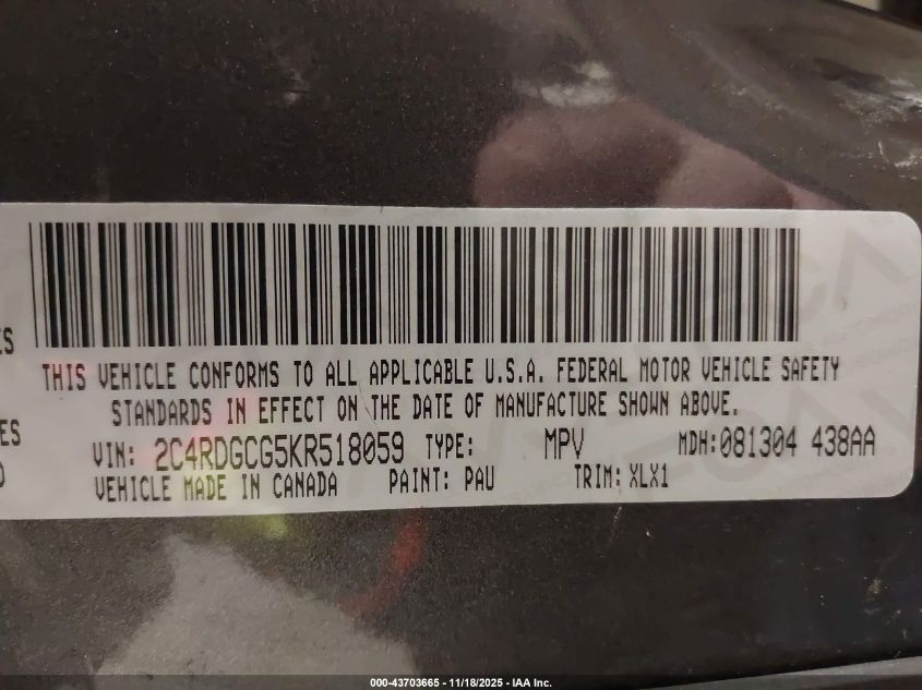 2019 Dodge Grand Caravan Sxt VIN: 2C4RDGCG5KR518059 Lot: 43703665