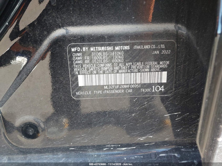 2022 Mitsubishi Mirage G4 Black Edition/Es/Le VIN: ML32FUFJXNHF06951 Lot: 43703666