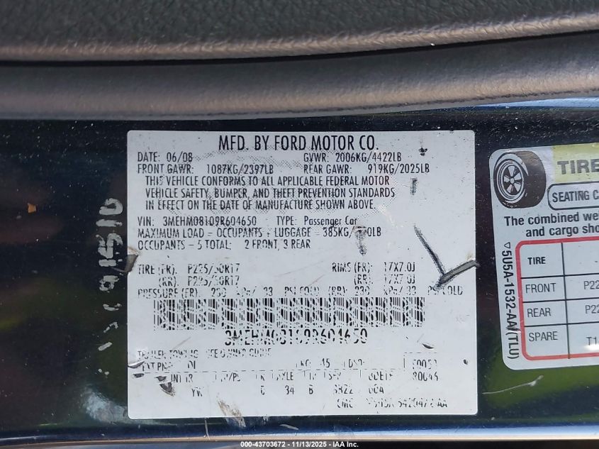 2009 Mercury Milan V6 Premier VIN: 3MEHM08109R604650 Lot: 43703672