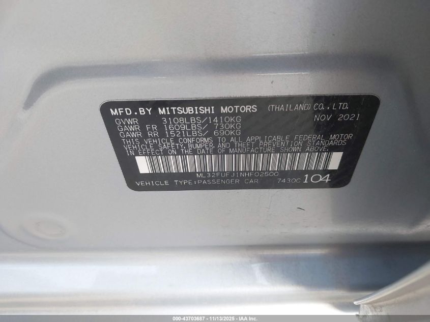 2022 Mitsubishi Mirage G4 Es VIN: ML32FUFJ1NHF02500 Lot: 43703687