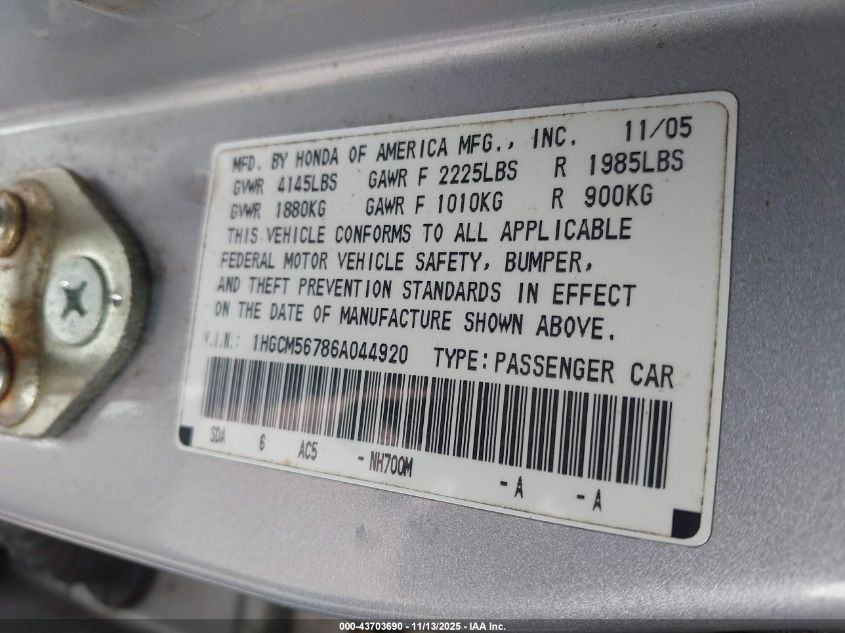 2006 Honda Accord Sdn 2.4 Ex/Ex VIN: 1HGCM56786A044920 Lot: 43703690