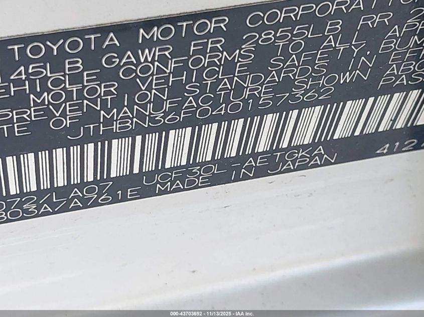 2004 Lexus Ls 430 VIN: JTHBN36F040157362 Lot: 43703692