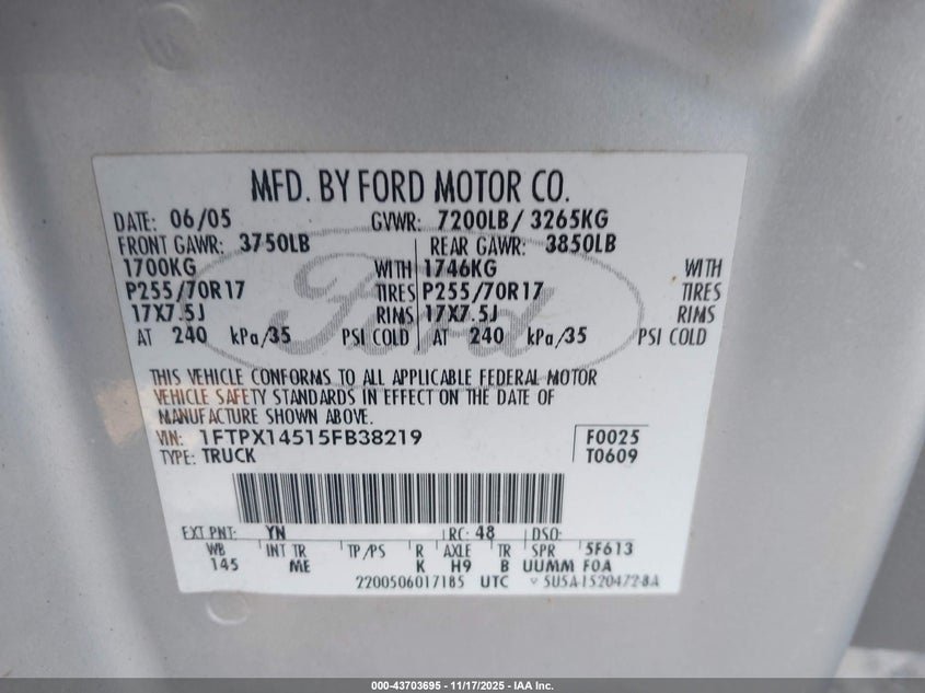 1FTPX14515FB38219 2005 FORD F-150 photo no. 9