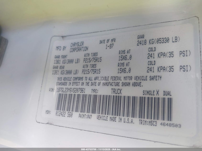 1B7GL23Y6VS207961 1997 DODGE DAKOTA photo no. 9
