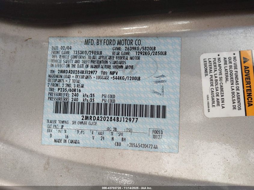 2004 Mercury Monterey VIN: 2MRDA20284BJ12977 Lot: 43703728