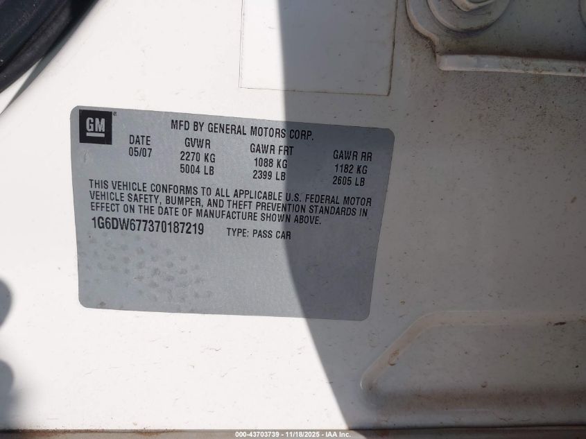 2007 Cadillac Sts V6 VIN: 1G6DW677370187219 Lot: 43703739