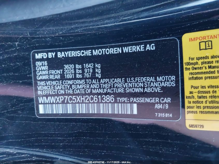 2017 Mini Hardtop Cooper S VIN: WMWXP7C5XH2C61386 Lot: 43703746