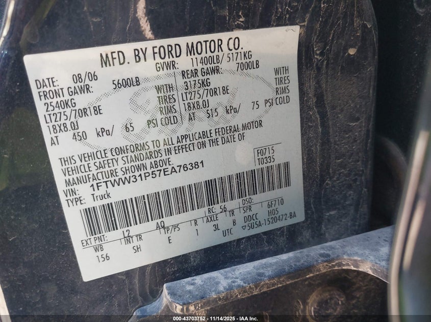 1FTWW31P57EA76381 2007 FORD F350 photo no. 8