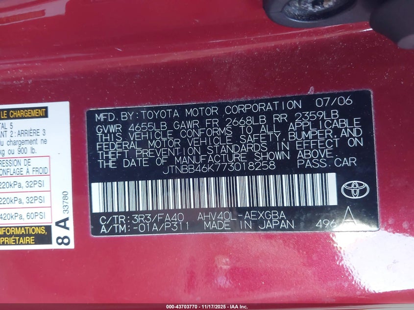 JTNBB46K773018258 2007 TOYOTA CAMRY photo no. 9