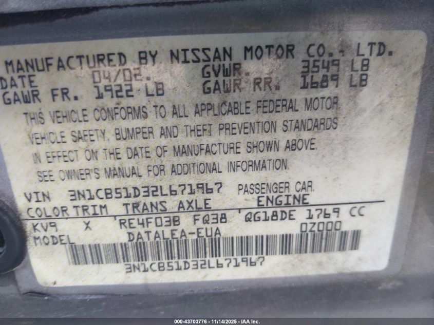 2002 Nissan Sentra Gxe VIN: 3N1CB51D32L671967 Lot: 43703776