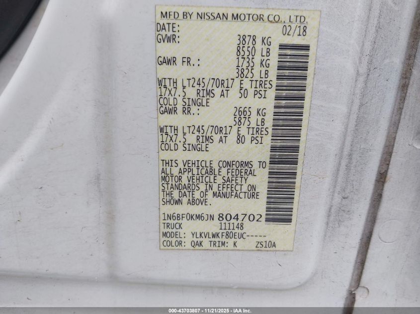 2018 Nissan Nv Cargo Nv1500 S V6 VIN: 1N6BF0KM6JN804702 Lot: 43703807