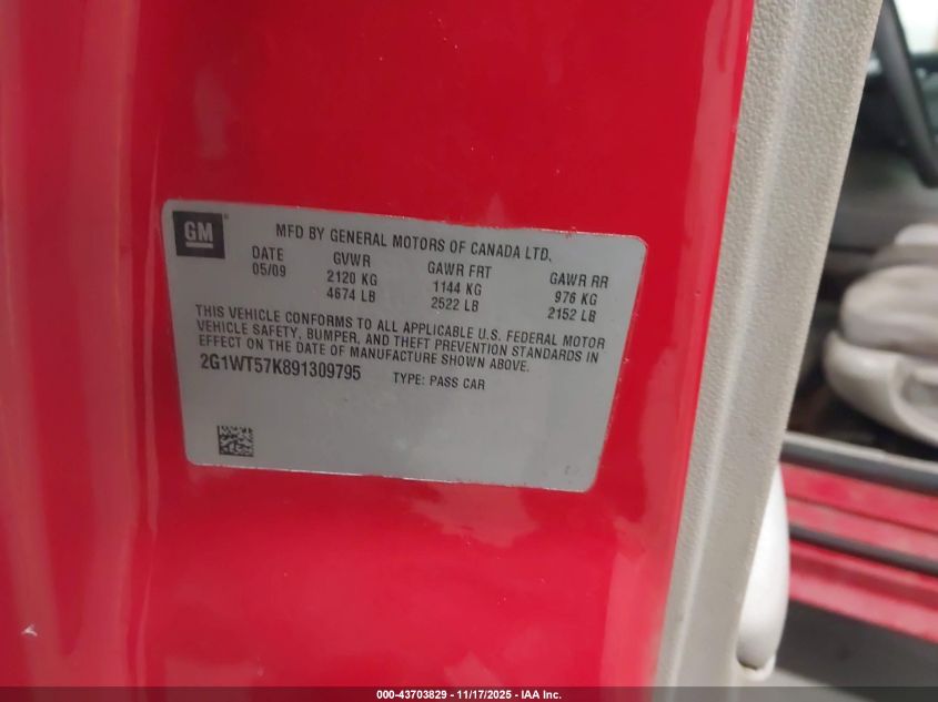 2009 Chevrolet Impala Lt VIN: 2G1WT57K891309795 Lot: 43703829