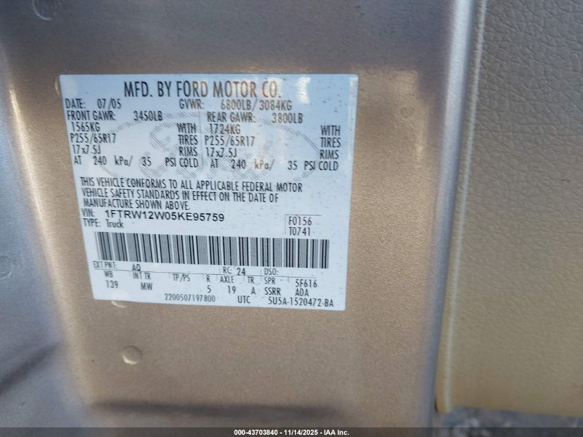 2005 Ford F-150 Xlt VIN: 1FTRW12W05KE95759 Lot: 43703840