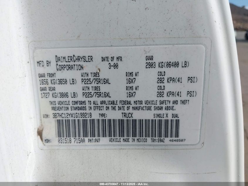 2001 Dodge Ram 1500 St VIN: 3B7HC12YX1G199218 Lot: 43703847