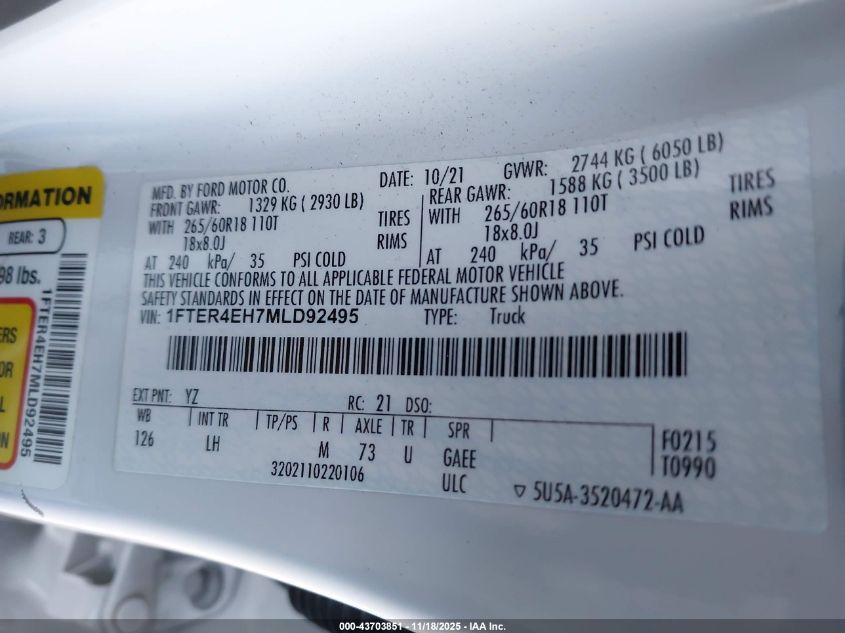 2021 Ford Ranger Xl VIN: 1FTER4EH7MLD92495 Lot: 43703851