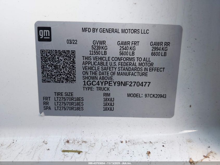 2022 Chevrolet Silverado 2500Hd 4Wd Long Bed Ltz VIN: 1GC4YPEY9NF270477 Lot: 43703854