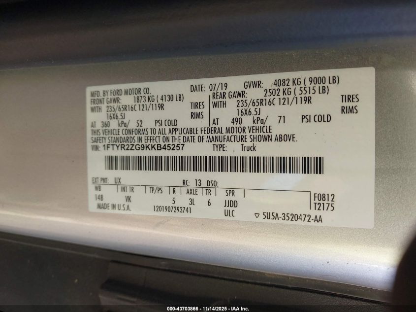 2019 Ford Transit-250 VIN: 1FTYR2ZG9KKB45257 Lot: 43703866