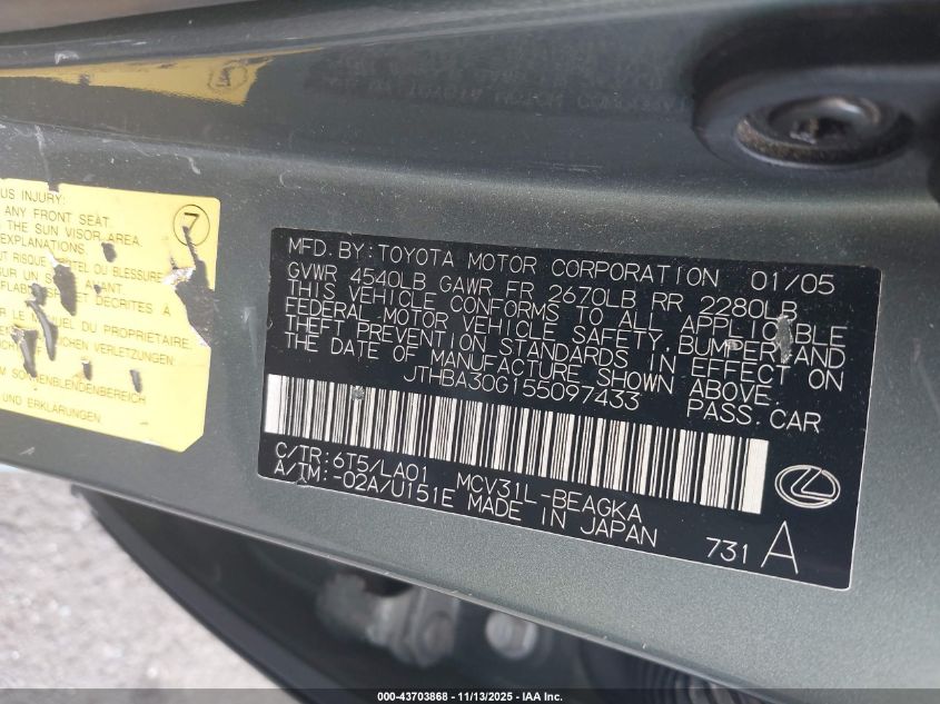 2005 Lexus Es 330 VIN: JTHBA30G155097433 Lot: 43703868