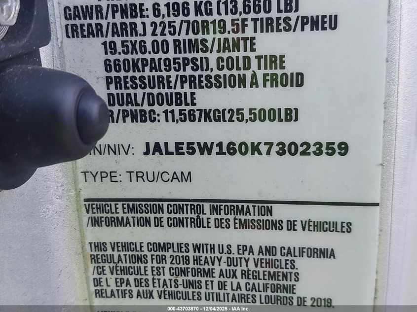 2019 Isuzu Nrr VIN: JALE5W160K7302359 Lot: 43703870