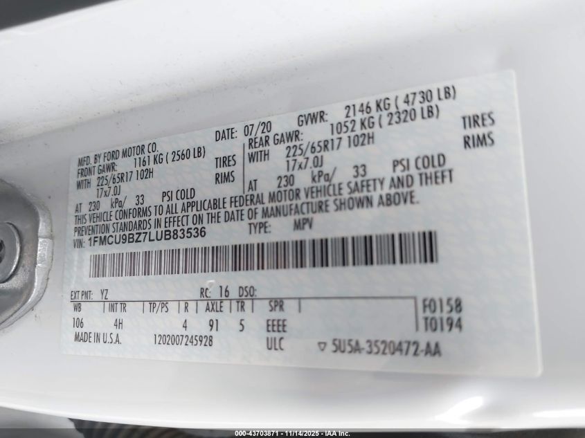 1FMCU9BZ7LUB83536 2020 FORD ESCAPE photo no. 9