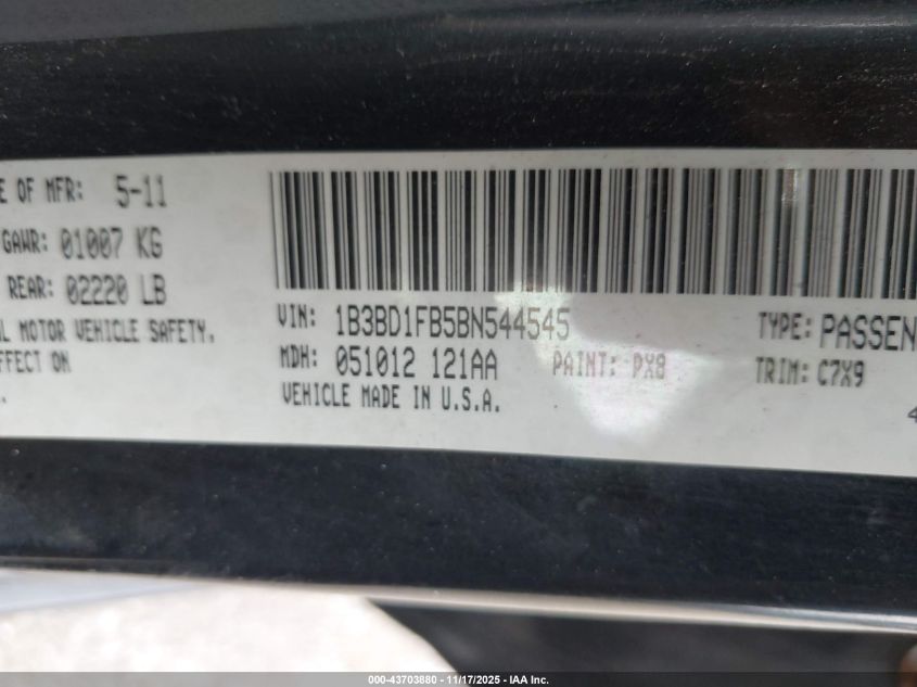 2011 Dodge Avenger Mainstreet VIN: 1B3BD1FB5BN544545 Lot: 43703880