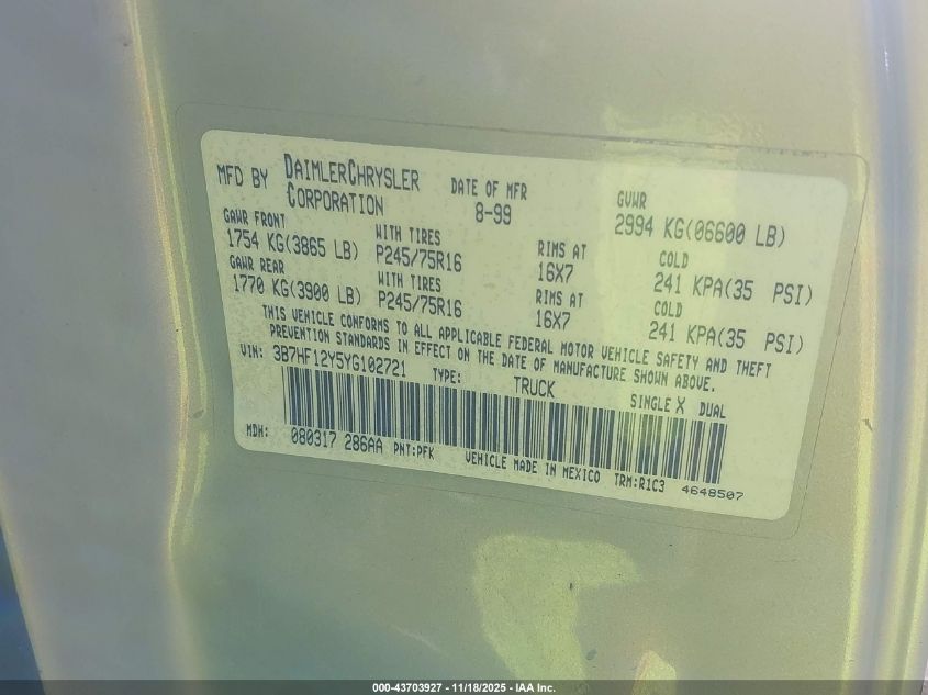 2000 Dodge Ram 1500 St VIN: 3B7HF12Y5YG102721 Lot: 43703927