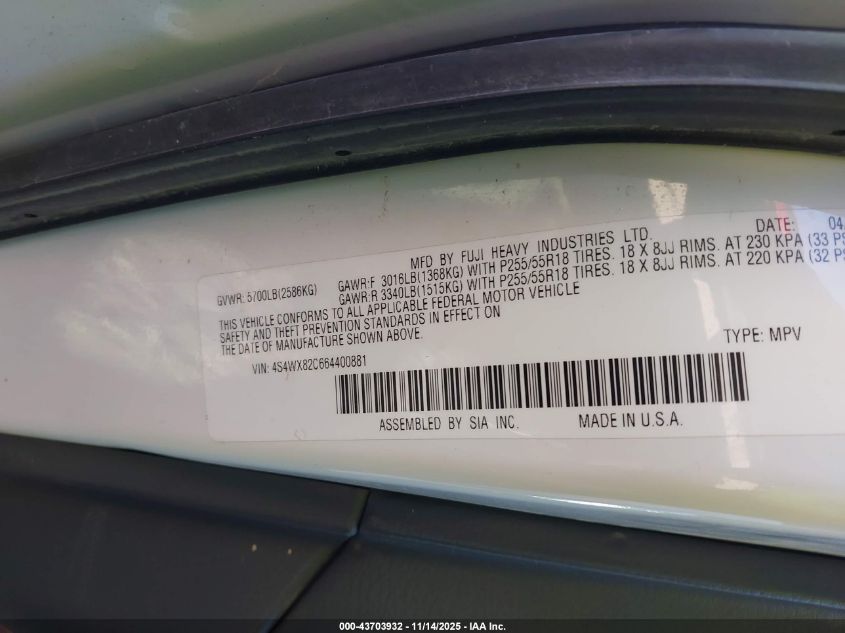 2006 Subaru B9 Tribeca Base 5-Passenger/Limited 5-Passenger VIN: 4S4WX82C664400881 Lot: 43703932