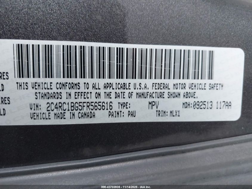 2015 Chrysler Town & Country Touring VIN: 2C4RC1BG5FR565616 Lot: 43703935