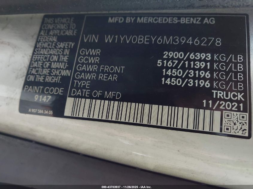 2021 Mercedes-Benz Metris VIN: W1YV0BEY6M3946278 Lot: 43703937