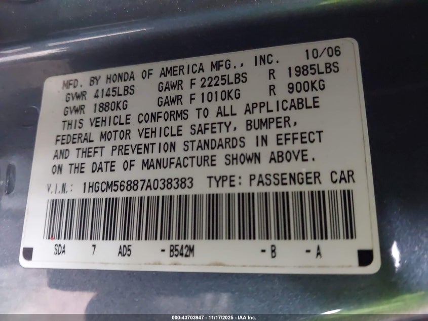 1HGCM56887A038383 2007 HONDA ACCORD photo no. 9