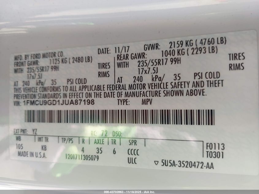 2018 Ford Escape Se VIN: 1FMCU9GD1JUA87198 Lot: 43703963