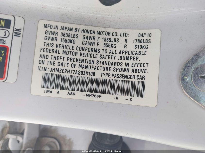 2010 Honda Insight Ex VIN: JHMZE2H77AS038108 Lot: 43703976