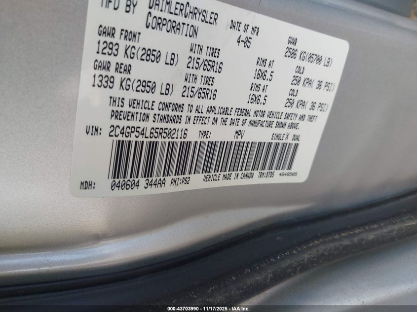 2C4GP54L65R502116 2005 CHRYSLER TOWN & COUNTRY photo no. 9