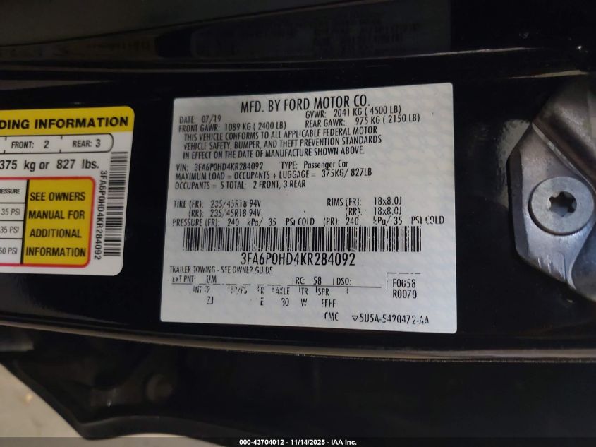 2019 Ford Fusion Se VIN: 3FA6P0HD4KR284092 Lot: 43704012