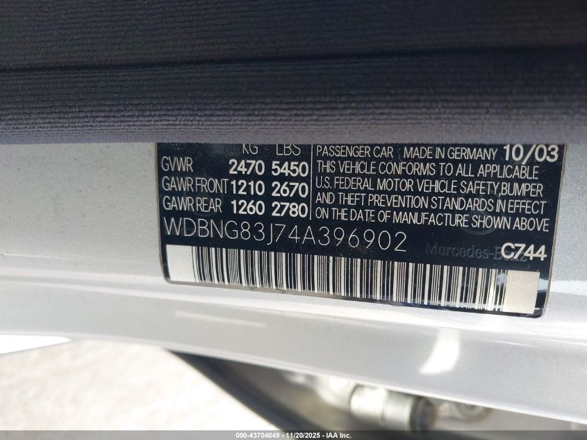 2004 Mercedes-Benz S 430 4Matic VIN: WDBNG83J74A396902 Lot: 43704049